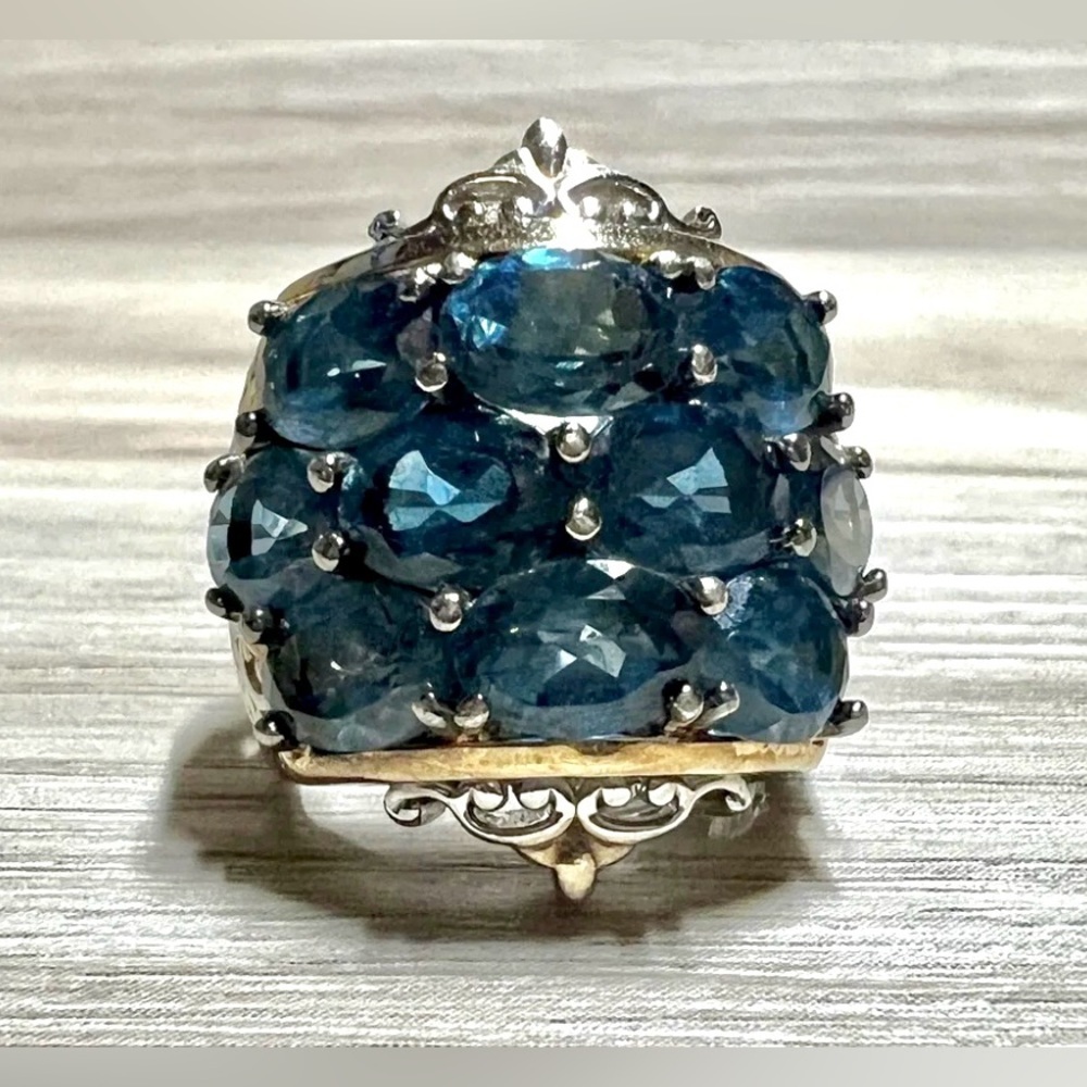 Gems En Vogue Three-Row London Blue Topaz Wide Band Cluster Ring, Size 5 - Picture 2 of 11